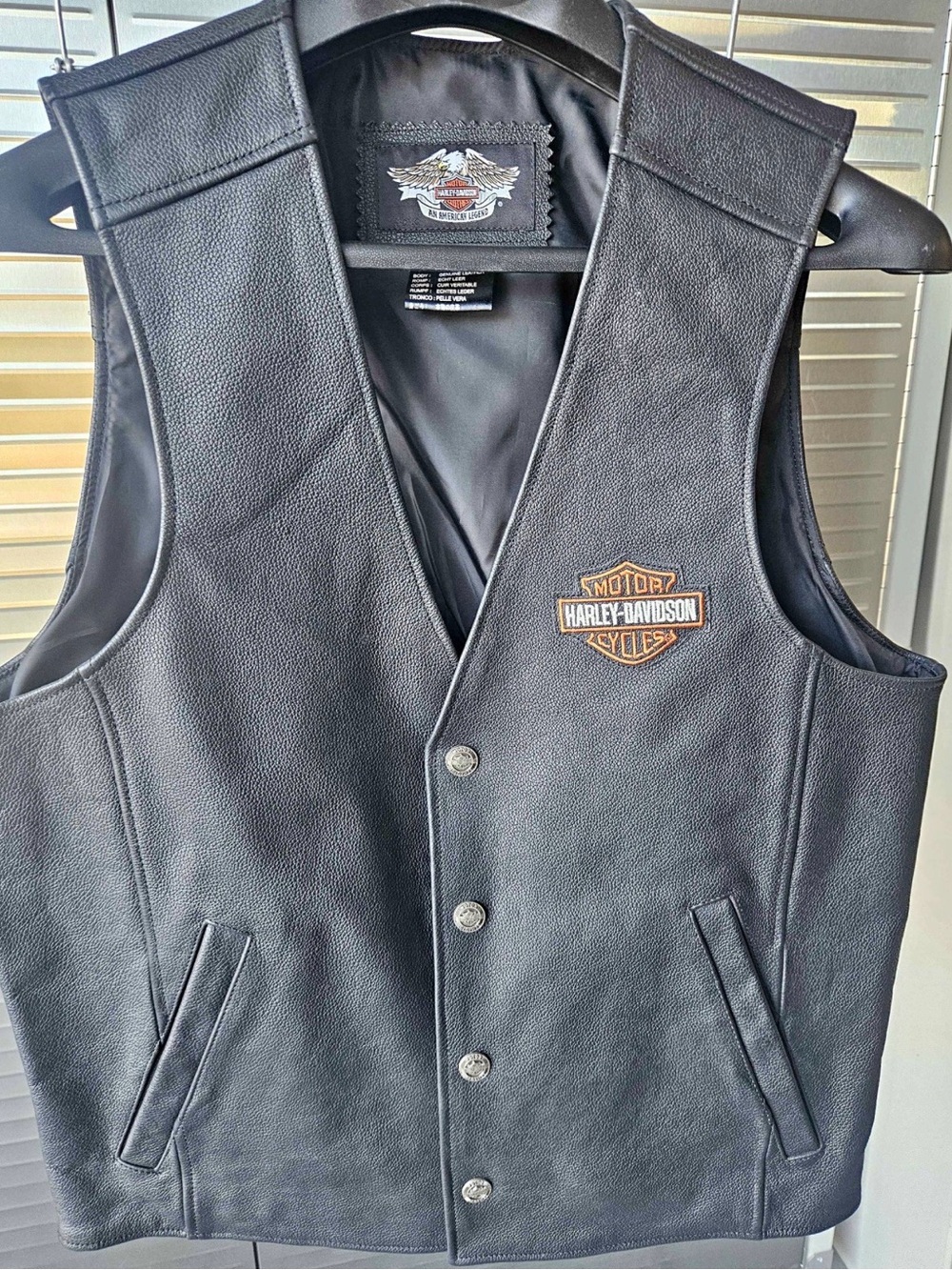 Harley-Davidson Black Leather Vest with Orange Logo Patch